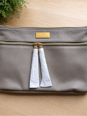 Daniel Hechter Taupe Double-Zip Wristlet Clutch with Gold Trim